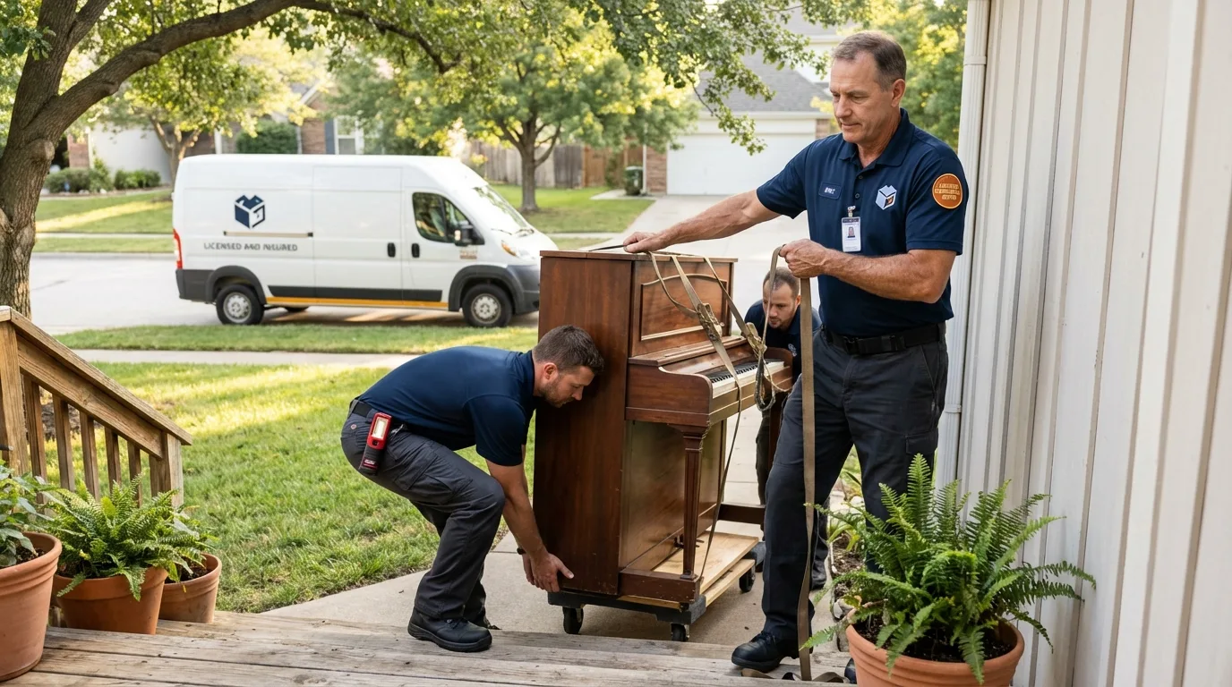 Licensed piano movers securing grand piano in Alpine, CA