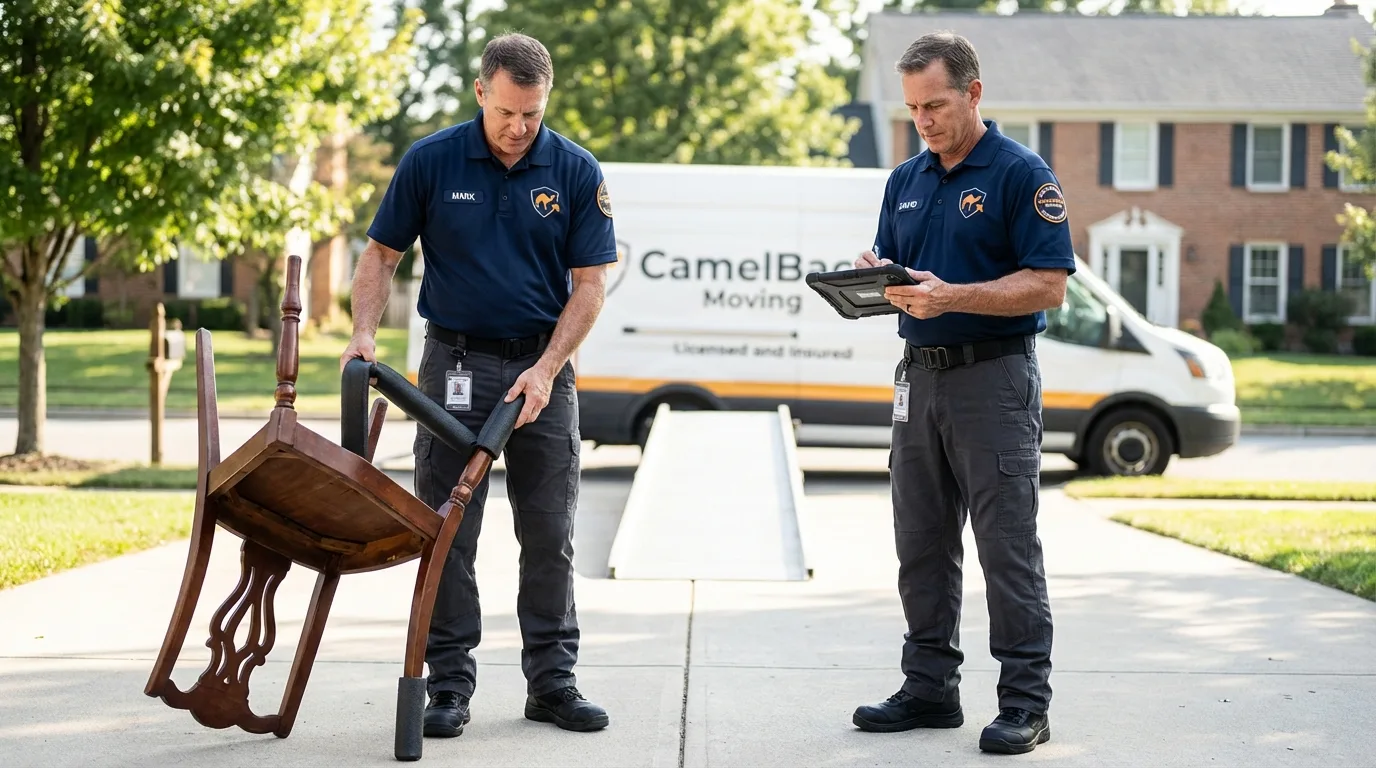 Movers inspecting furniture for damage prevention before loading in Alpine, CA