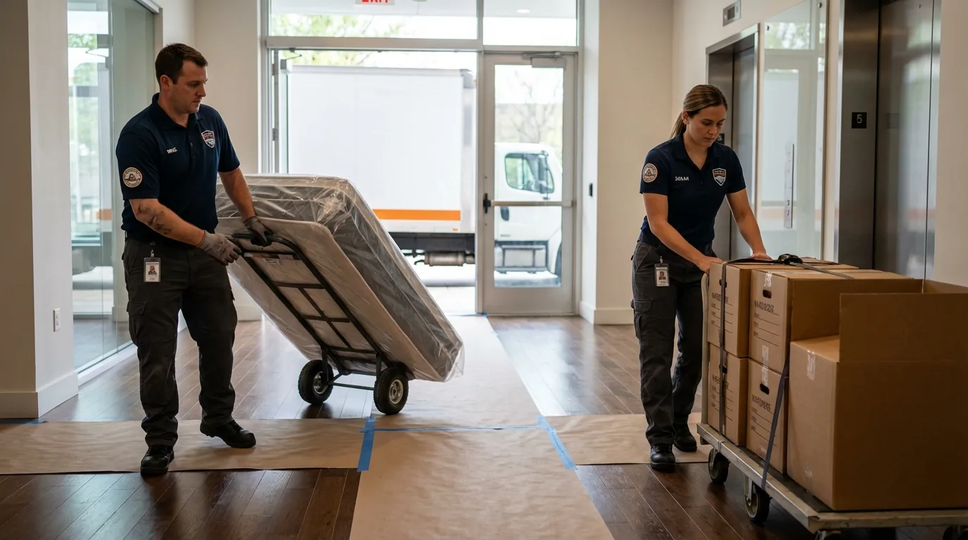 Professional apartment movers loading elevator in Alpine, CA